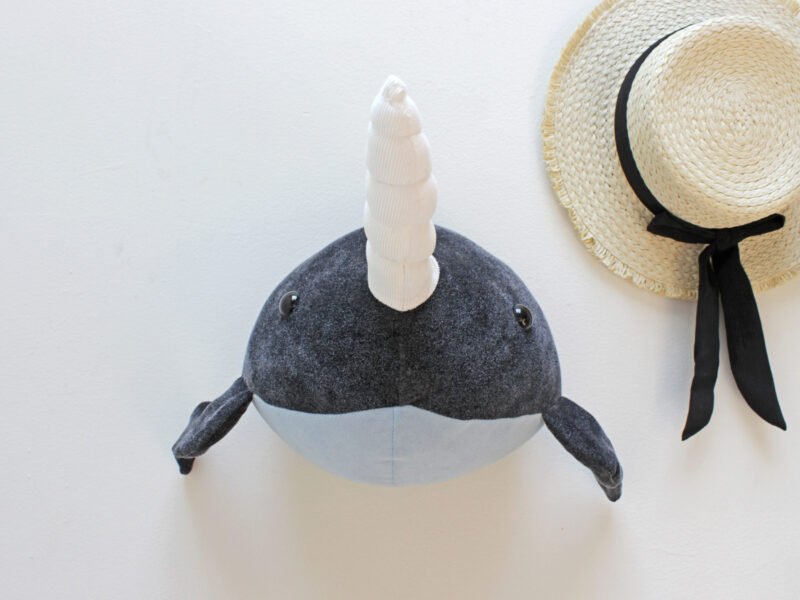 Narwhal head, PDF sewing instructiosn, Pattern and Tutorial, from beginners, wall mount, faux taxidermy trophy sewing directions, DIY child gift, baby nursery decor, kids room deco