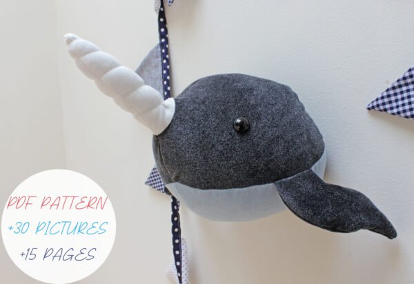 anuncio 2 Narwhal head, PDF sewing instructiosn, Pattern and Tutorial, from beginners, wall mount, faux taxidermy trophy sewing directions, DIY child gift, baby nursery decor, kids room deco