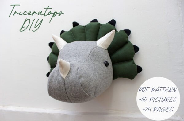 Triceratops head, Sewing directions, PDF pattern and tutorial, Wall decor,faux taxidermy trophy