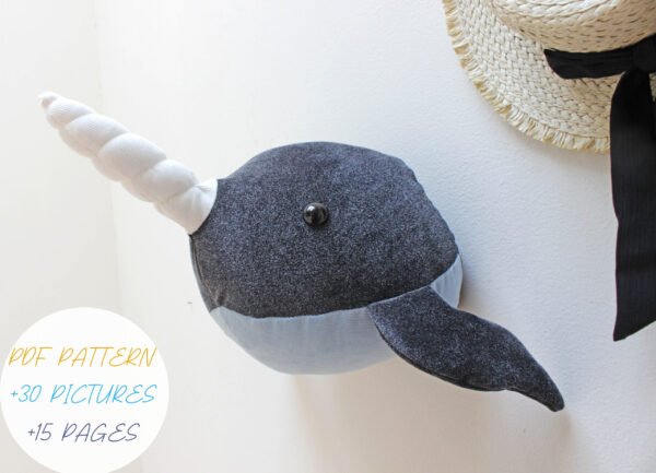 anuncio 5 Narwhal head, PDF sewing instructiosn, Pattern and Tutorial, from beginners, wall mount, faux taxidermy trophy sewing directions, DIY child gift, baby nursery decor, kids room deco