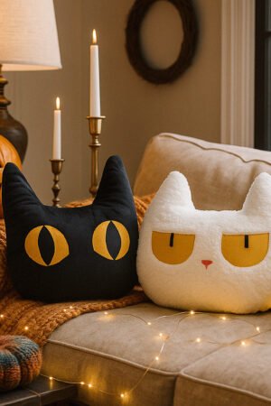 Black & White Cat Pillow Patterns – 2 Spooky-Cute Halloween Designs, Easy & Quick Sewing PDF Tutorial for Beginners