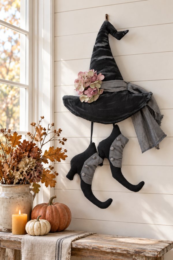 Witch Hat and Shoes Sewing Pattern PDF, Halloween Door Hanger, Primitive Witch Decor