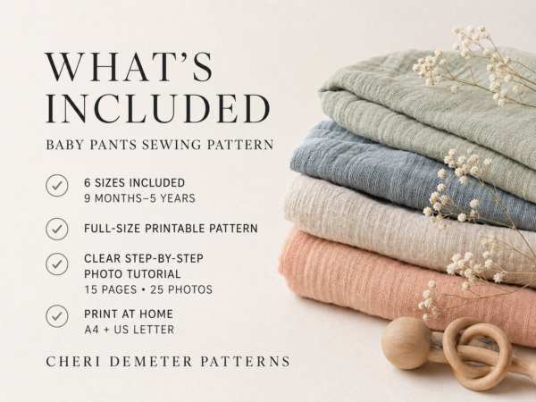 Baby Pants Sewing Pattern PDF, Easy Elastic Waist Pants, 6 Sizes 9 Months to 5 Years, Beginner Toddler Tutorial