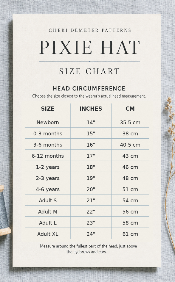 Tabla de tallas Pixie Hat Sewing Pattern PDF, 11 Sizes Newborn to Adult XL